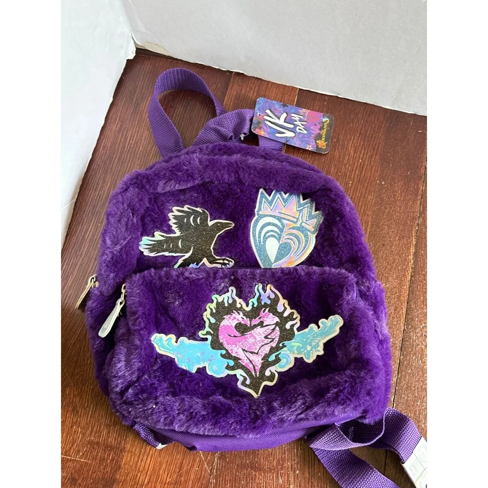 Disney Descendants 3 VK Day Purple Faux Fur Mini Backpack Mal Evie F19-314 NWT